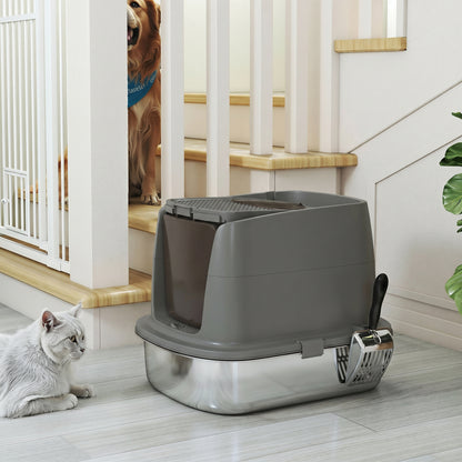 PawHut Large Stainless Steel Litter Box, Enclosed Metal Cat Litter Tray with Scoop, Deodoriser Bag, Front-Entry and Top-Exit