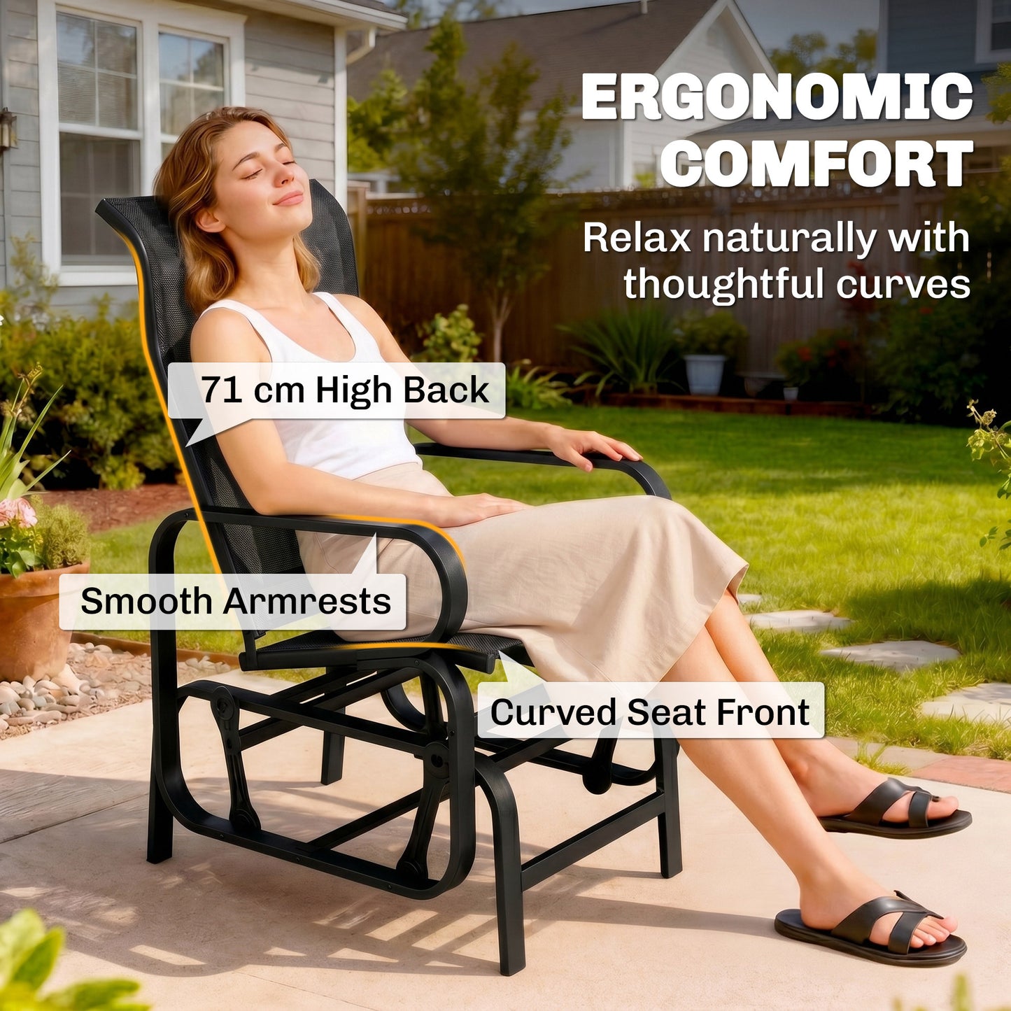 Outsunny Outdoor Gliding Rocking Chair with Sturdy Metal Frame Garden Comfortable Swing Chair, Black