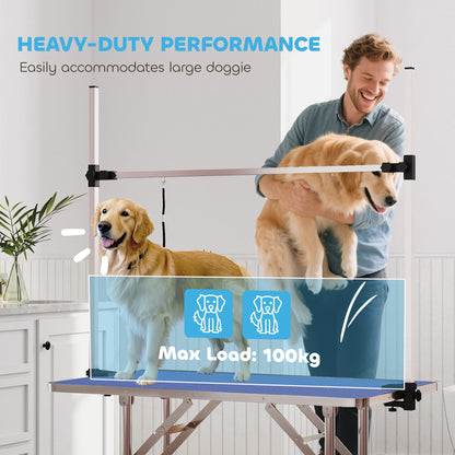 PawHut 42" Dog Grooming Table, Adjustable Pet Cat Drying Beauty Table with 2 Loops Storage Basket, Rubber Top, Blue