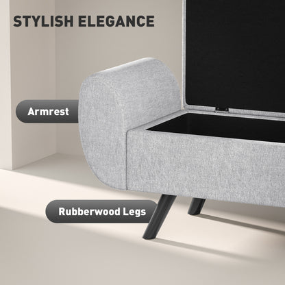 HOMCOM Storage Ottoman with Armrest, Upholstered Linen Storage Bench, Window Seat with Rubberwood Legs, Footstool for Bedroom Living Room, Hallway, Light Grey