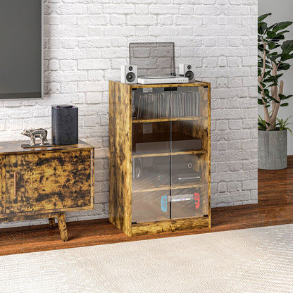 HOMCOM 4-Tier Hi-Fi Stand,  Record Player Stand with Adjustable Shelves and Push-to-Open Glass Doors, Rustic Brown