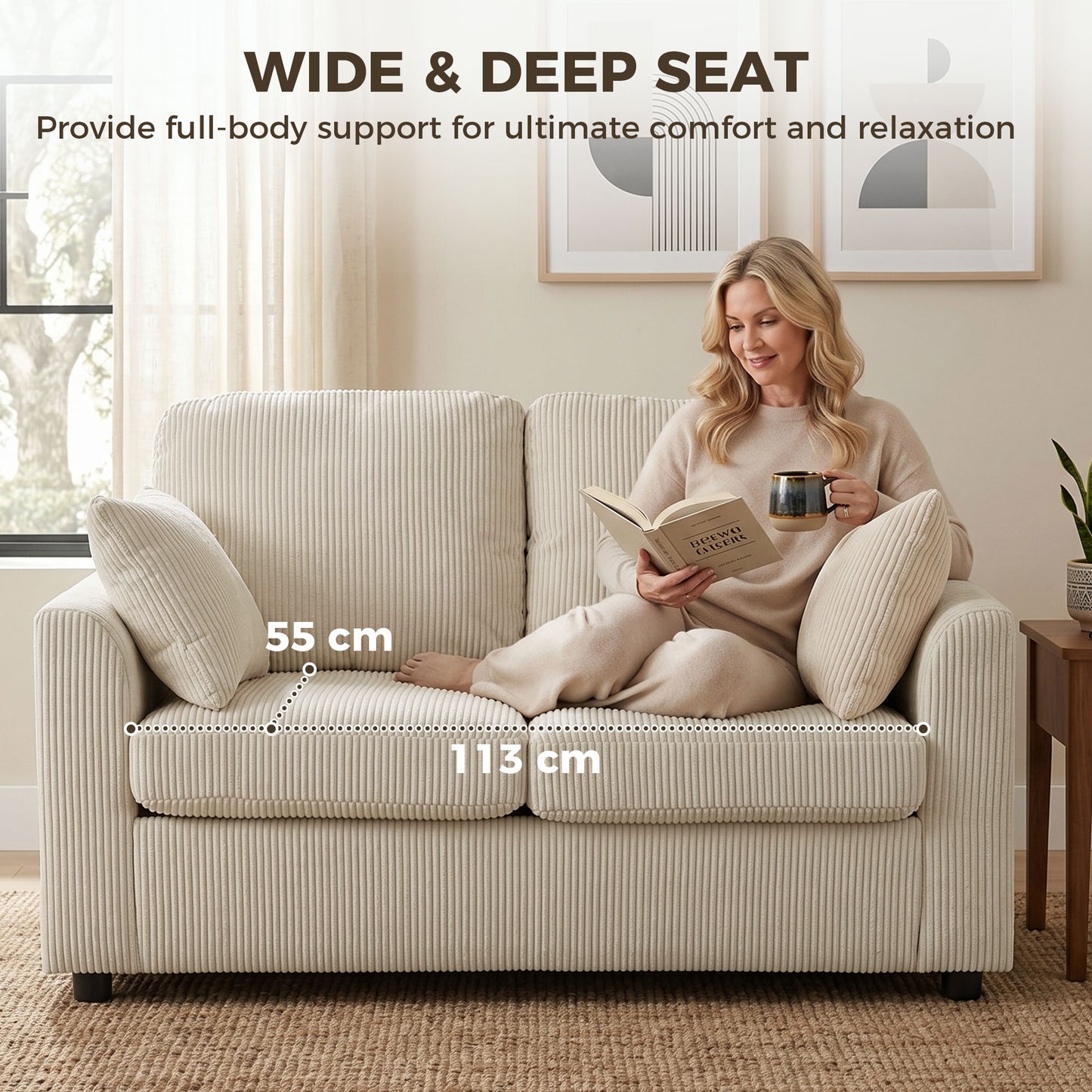 HOMCOM 2 Seater Sofa, Corduroy Small Couch with Spring Cushion, Wide and Deep Seat, Beige