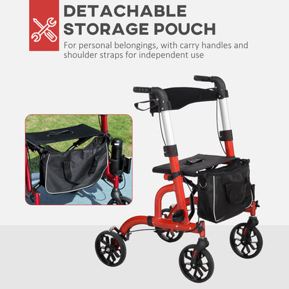 HOMCOM Lightweight Walking Frame, Folding Rollator Walker with Seat and Backrest, Red
