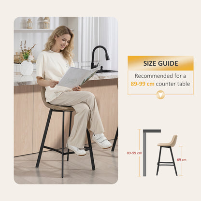 HOMCOM Bar Stools Set of 2, PU Leather Dining Stools with Backrest, Footrest, for Kitchen, Counter, Breakfast Bar, Light Brown