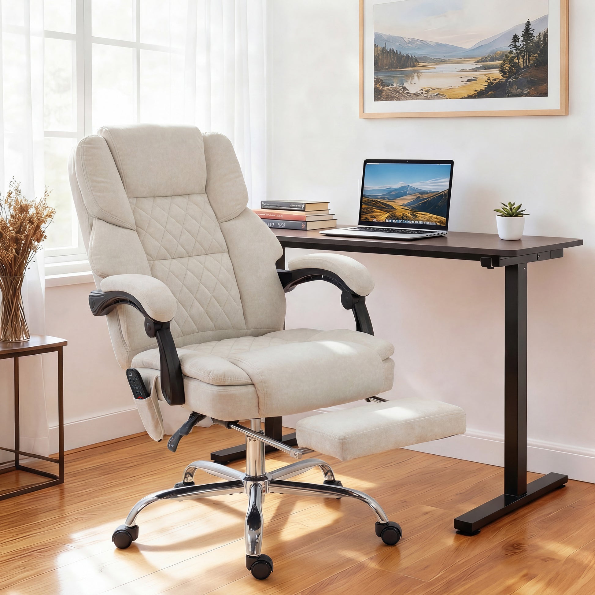 HOMCOM Office Chair with 6-point Vibration Massage and Heat, Fabric Desk Chair with Footrest, High Back, Cream White-Office Chairs-ChewyGames-ChewyGames