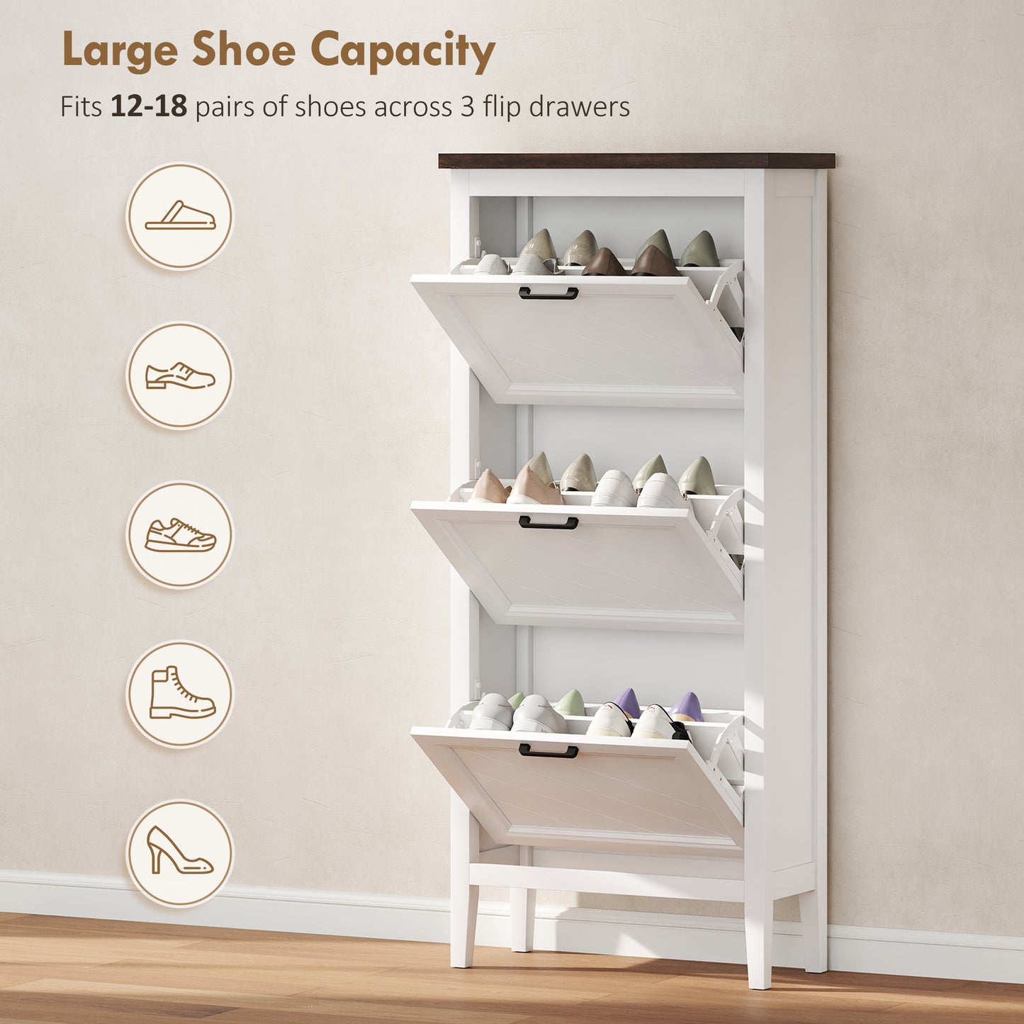 HOMCOM Shoe Cabinet with 3 Flip Drawers, Farmhouse Narrow Shoe Storage Cabinet with Adjustable Shelves, White