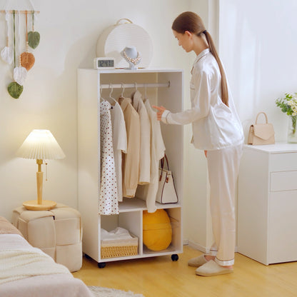HOMCOM Open Wardrobe on Wheels, Bedroom Wardrobe with Clothes Hanging Rail, 2 Storage Shelves, Mobile Garment Rack for Cloakroom, Hallway, White