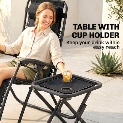 Outsunny Folding Zero Gravity Chairs, 3 Pieces Adjustable Sun Lounger and Table Set with Cup Holder and Headrest, Patio Bistro Set with Reclining Garden Chairs for Outdoor, Black