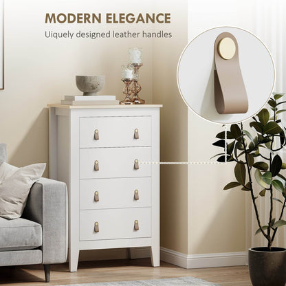 HOMCOM Bedroom Chest of Drawers, Modern 4 Drawer Dresser Cabinet with PU Leather Handles and Metal Runners for Living Room, Hallway, Entryway, 60 x 40 x 98 cm, White