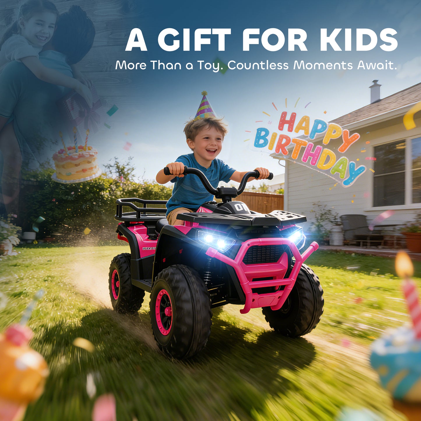 AIYAPLAY 12V Kids Electric Ride on ATV, Battery-Powered Quad Bike w/ Spring Suspension, Forward Backward, Storage Basket, Pink