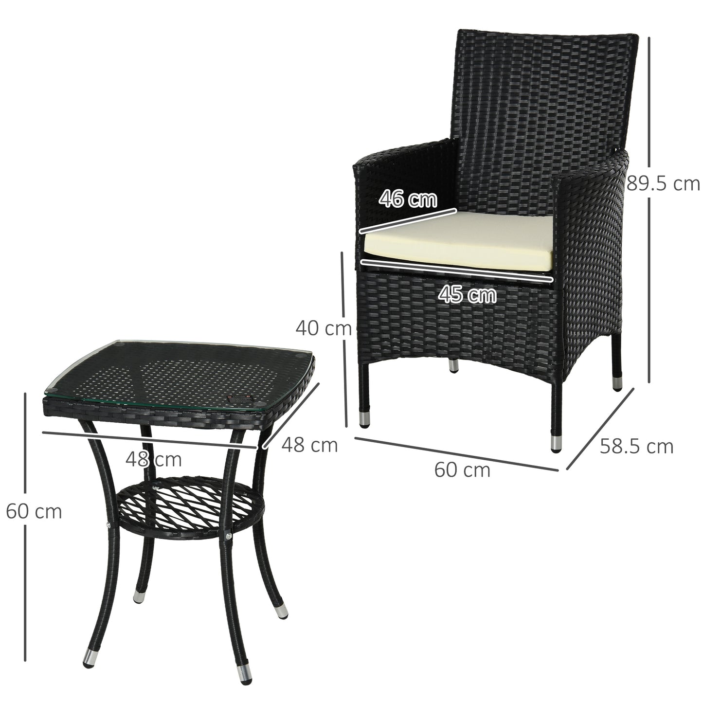 Outsunny 3 Pieces Rattan Bistro Set, Wicker Garden Furniture Set with 2-Tier Coffee Table and Chairs, Cushions, for Outdoor Patio Balcony, Black--ChewyGames-ChewyGames