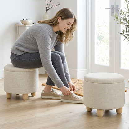 HOMCOM Storage Sitting Bench with Lid, Round Storage Ottoman with Rubberwood Legs, Beige