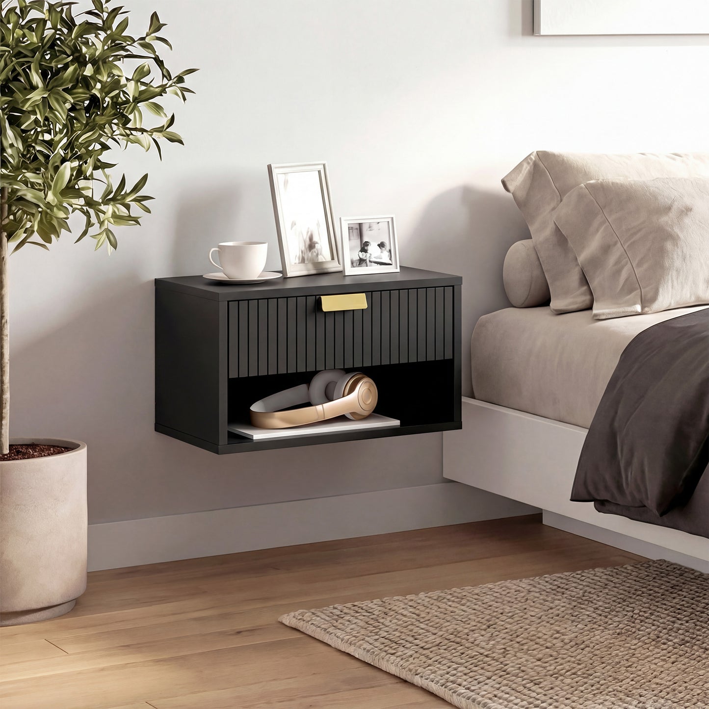 HOMCOM Set of 2 Wall Mounted Nightstands, Floating Bedside Tables with Fluted Drawer and Open Shelf for Small Bedroom, Black