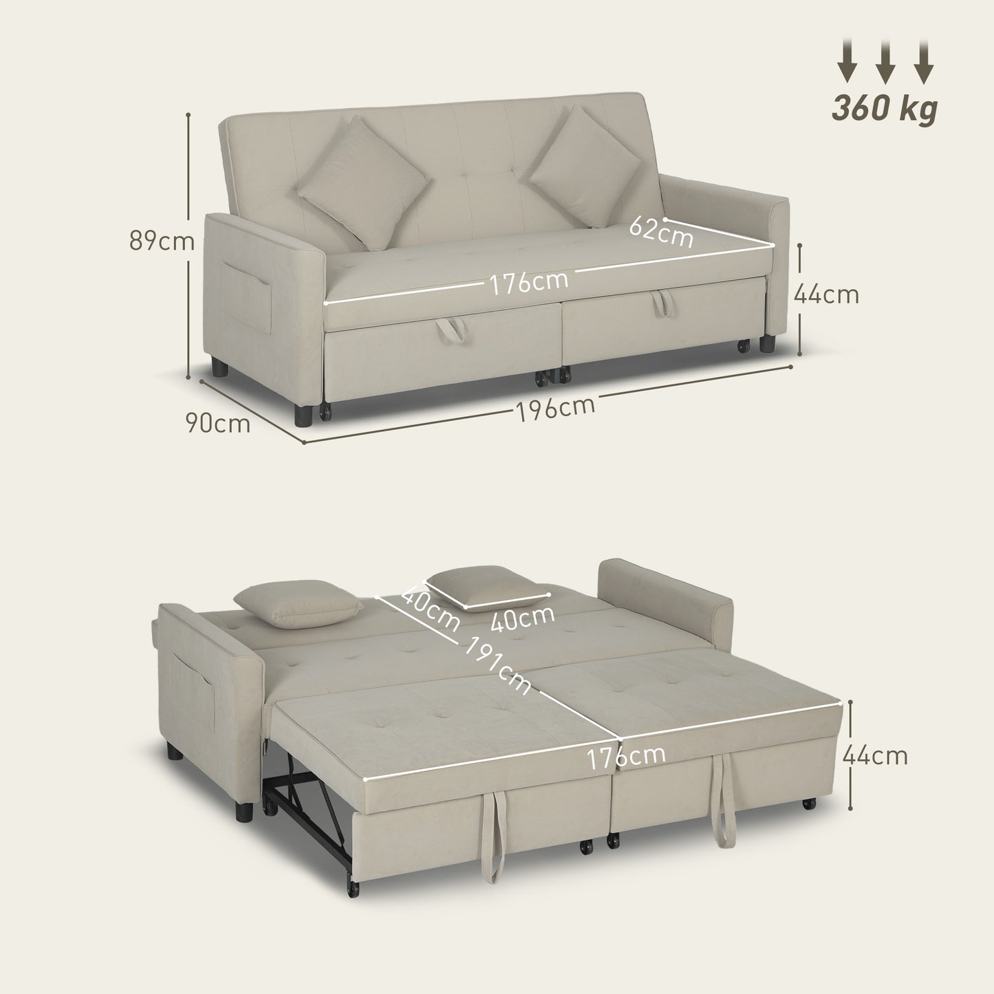 HOMCOM 3 Seater Velvet Sofa Bed, Convertible Pull-Out  Sofa Bed with Adjustable Backrest, Space Saving Living Room Sofa, Beige