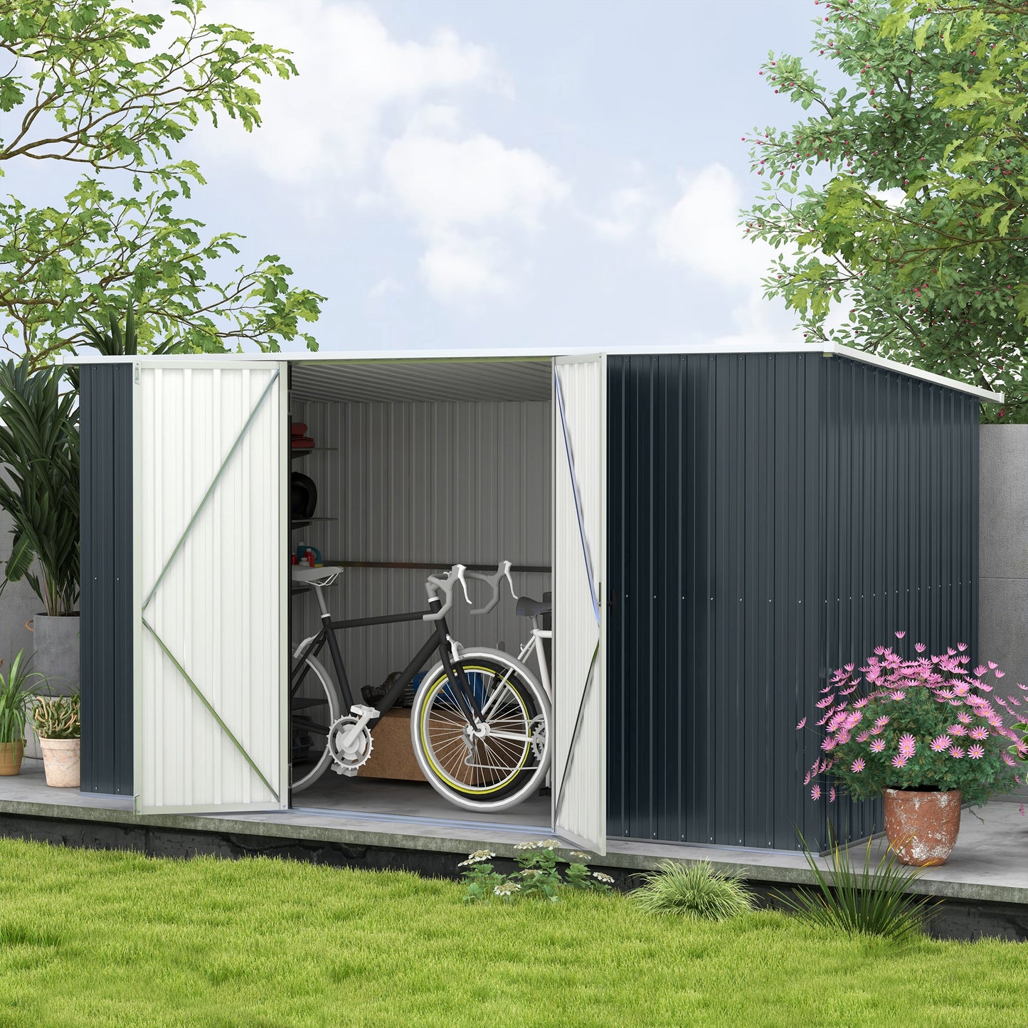 Outsunny 11 x 5.6ft Galvanised Steel Garden Shed, Metal Shed, Garden Storage Shed with Lockable Doors and Gloves for Outdoor Patio, Garden, Grey--ChewyGames-ChewyGames