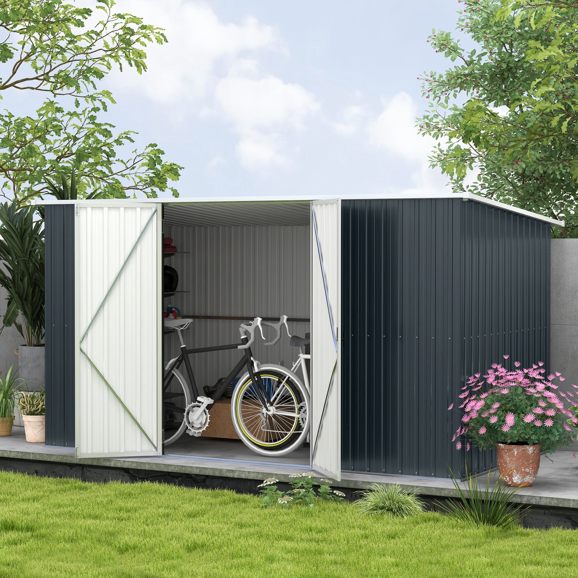 Outsunny 11 x 5.6ft Galvanised Steel Garden Shed, Metal Shed, Garden Storage Shed with Lockable Doors and Gloves for Outdoor Patio, Garden, Grey--ChewyGames-ChewyGames