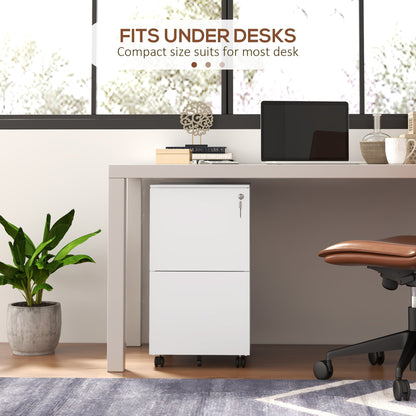 Vinsetto 2-Drawer Filing Cabinet with Lock and 5 Wheels, Steel Mobile File Cabinet, for A4, Legal and Letter Size, Pre-Assembled Body, White