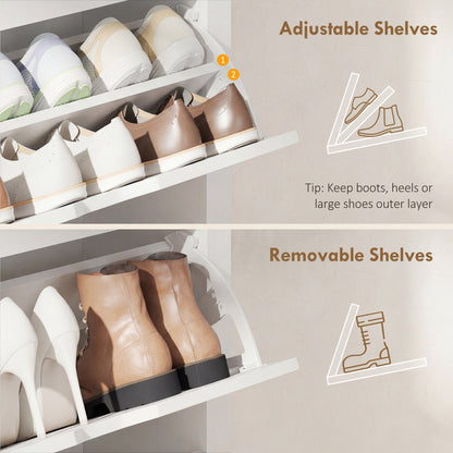 HOMCOM Slim Shoe Cabinet, Narrow Shoe Cupboard with 3 Flip Drawers, Adjustable Shelves for 18 Pairs of Shoes for Hallway, White