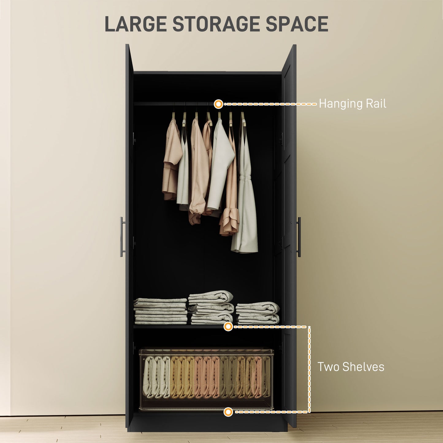 HOMCOM Double Panel Door Wardrobe, with Shelves - Black