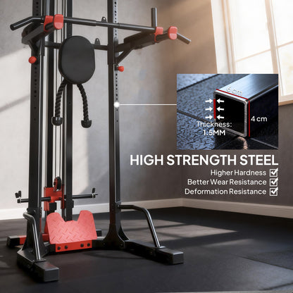 SPORTNOW Power Tower with Lat Pull Down Machine, Pull Up Bar, Dip Station, Adjustable Height Power Pack for Home Gym