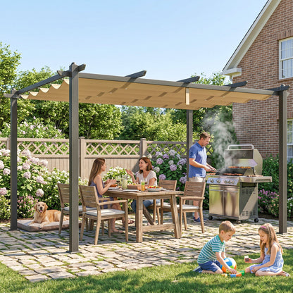 Outsunny 3 x 4m Aluminium Pergola, with Retractable Roof - Khaki