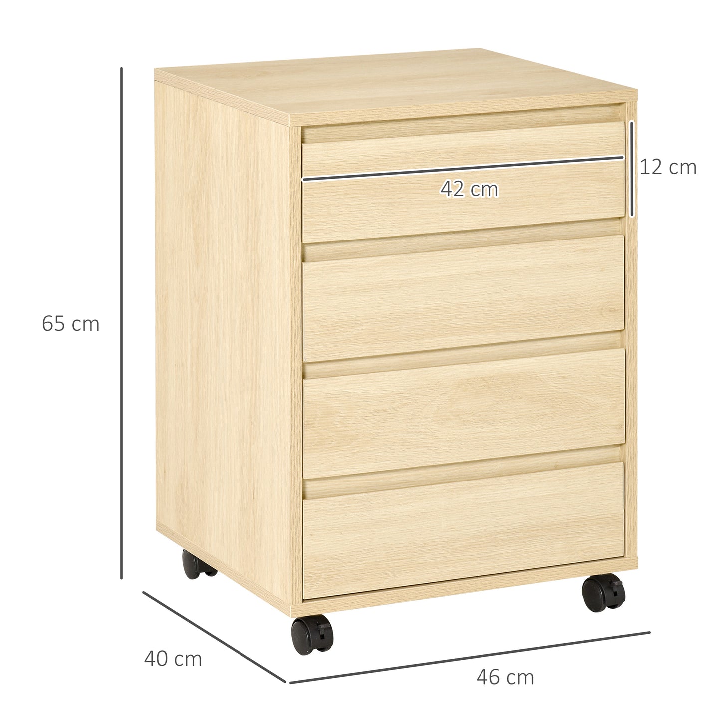 HOMCOM Four-Drawer Office Filing Cabinet, with Wheels - Natural Wood Finish