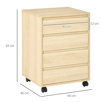 HOMCOM Four-Drawer Office Filing Cabinet, with Wheels - Natural Wood Finish