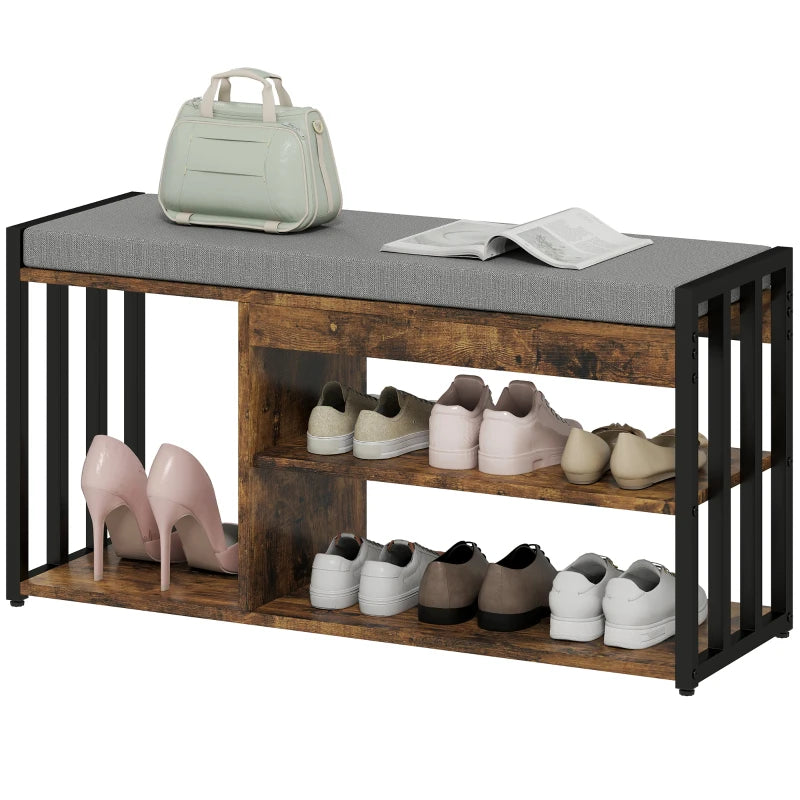 HOMCOM Shoe Storage Bench w/ Seat, Upholstered Entryway, 3 Shelves Brown
