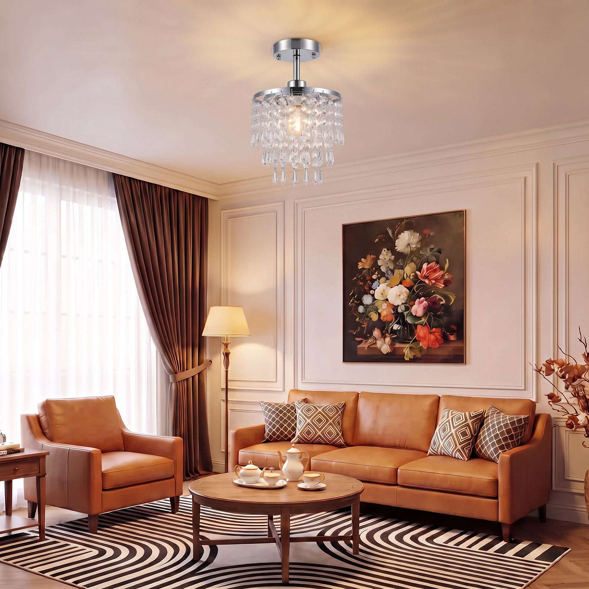 HOMCOM Crystal Ceiling Light with 57 Crystal Strands, Ceiling Light with Mounting Plate for Hallway, Silver Tone