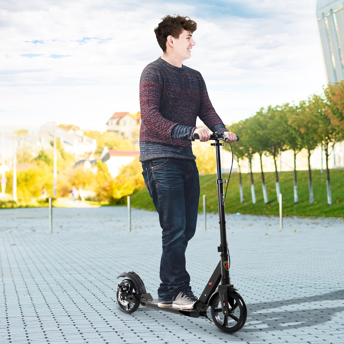 HOMCOM Kick Scooter, Folding 2 Wheel Scooter with Dual Brake System, Dual Suspension, 230mm Big Wheels and 3 Adjustable Handlebar, for 14+ Teens Adults, up to 100KG, Black