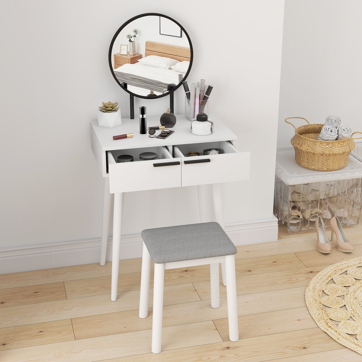 HOMCOM Modern Dressing Table with Round Mirror and Stool, Makeup Vanity Table with 2 Drawers for Bedroom, Living Room, 60 x 40 x 123 cm, White