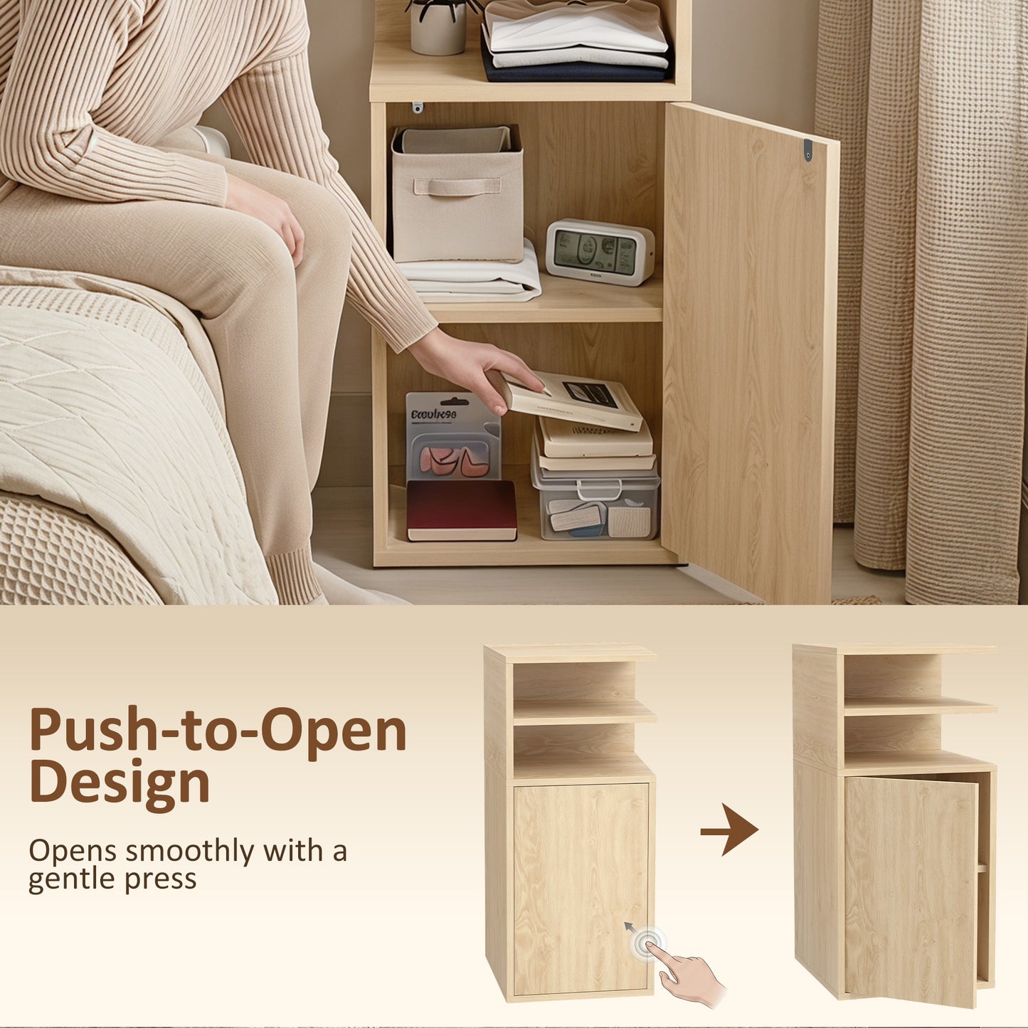 HOMCOM Slim Bedside Table Set of 2, Narrow Bedside Cabinet with Open Cubbies and Cupboard for Bedroom Living Room, Oak
