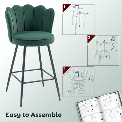 HOMCOM Set of Two Velvet-Feel Lotus Bar Stools - Dark Green