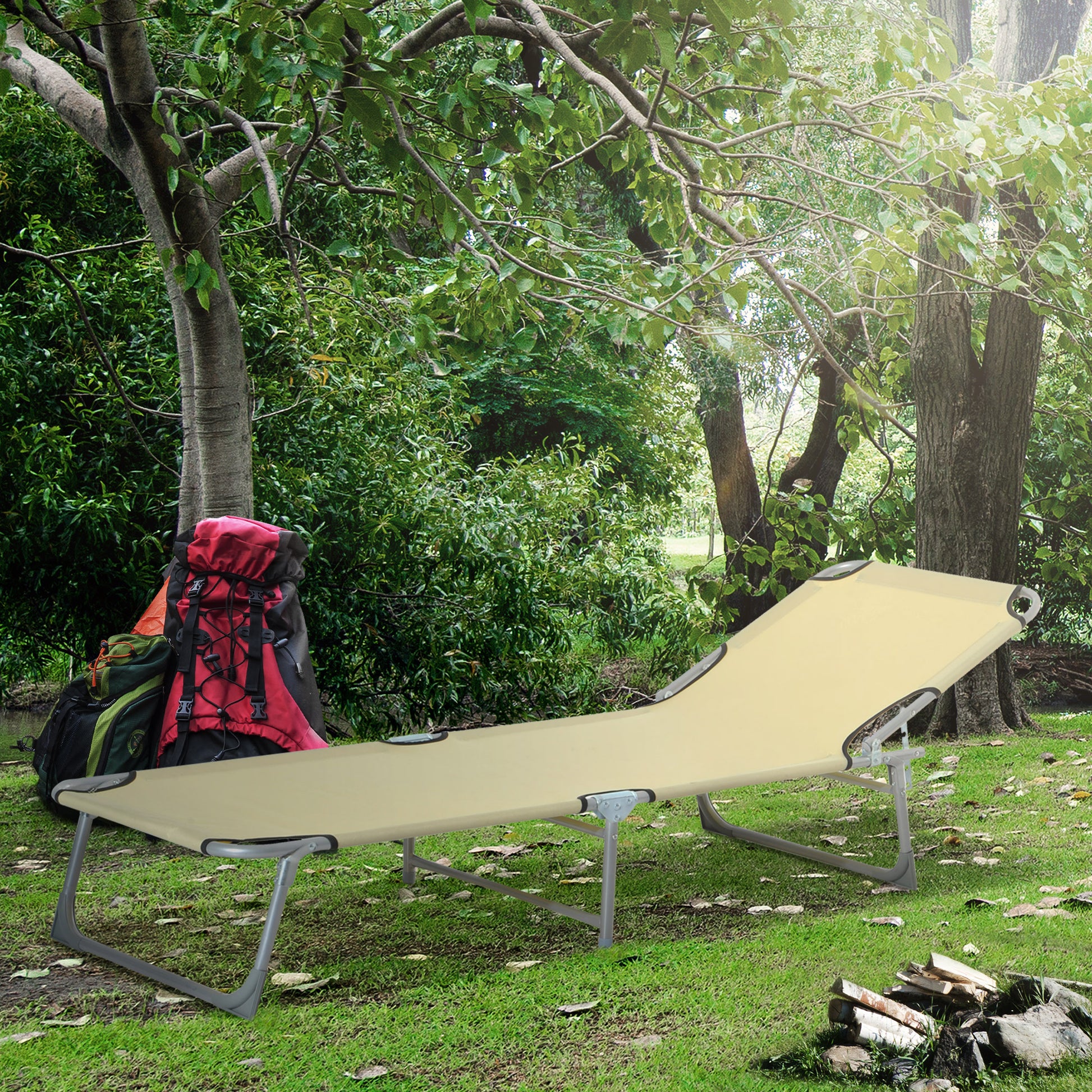 Outsunny Reclining Sun Lounger Chair Folding Camping Bed with 4-Position Adjustable Backrest, for Travel Indoor Outdoor Office Fishing, Beige--ChewyGames-ChewyGames