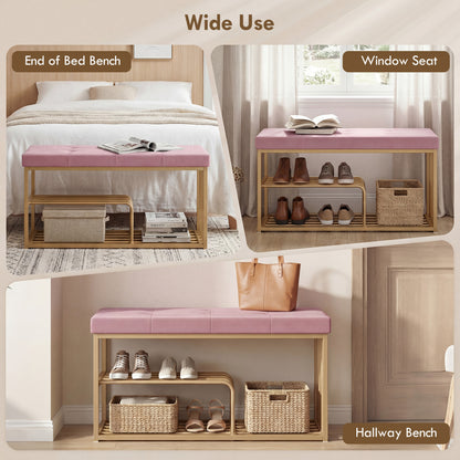 HOMCOM Bench and Shoe Storage, Tufted Shoe Storage Bench with Velvet Seat Cushion Gold Steel Frame for Entryway, Pink