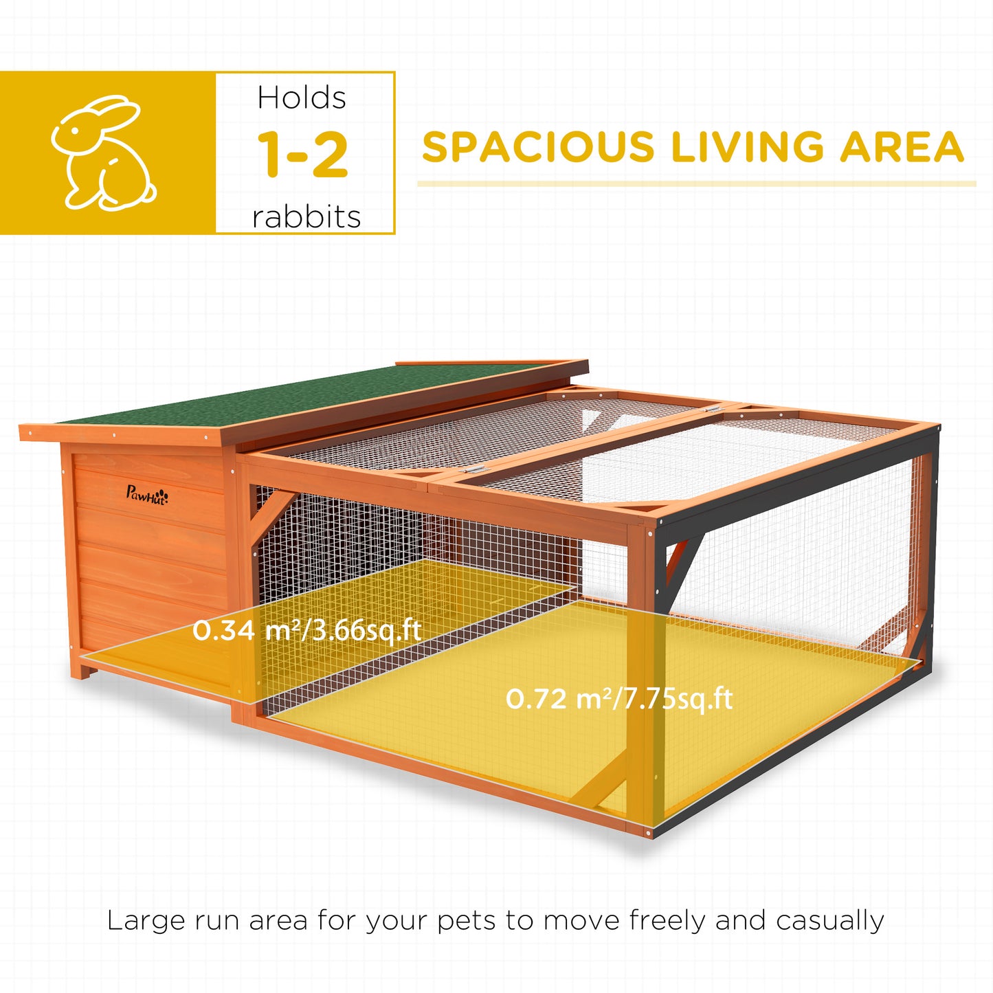 PawHut Rabbit Hutch Outdoor Guinea Pig Hutch with Run Small Animal Off-ground Duck House Hideaway Garden with Openable Roof 125.5 x 100 x 49cm Orange