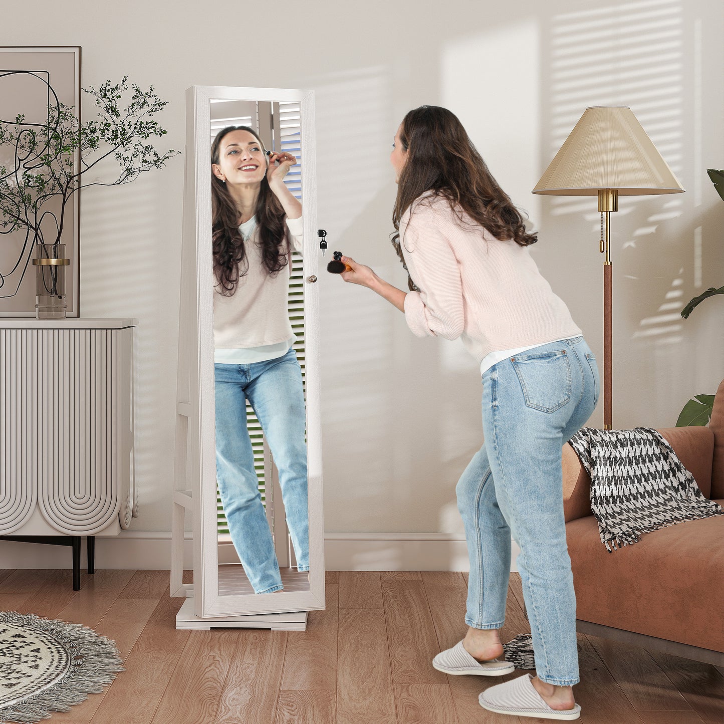 HOMCOM 360° Swivel Jewellery Cabinet, Free Standing Full Length Mirror with Storage, Lockable Jewellery Organiser with Built-in Makeup Mirror and Storage Shelves for Bedroom, White
