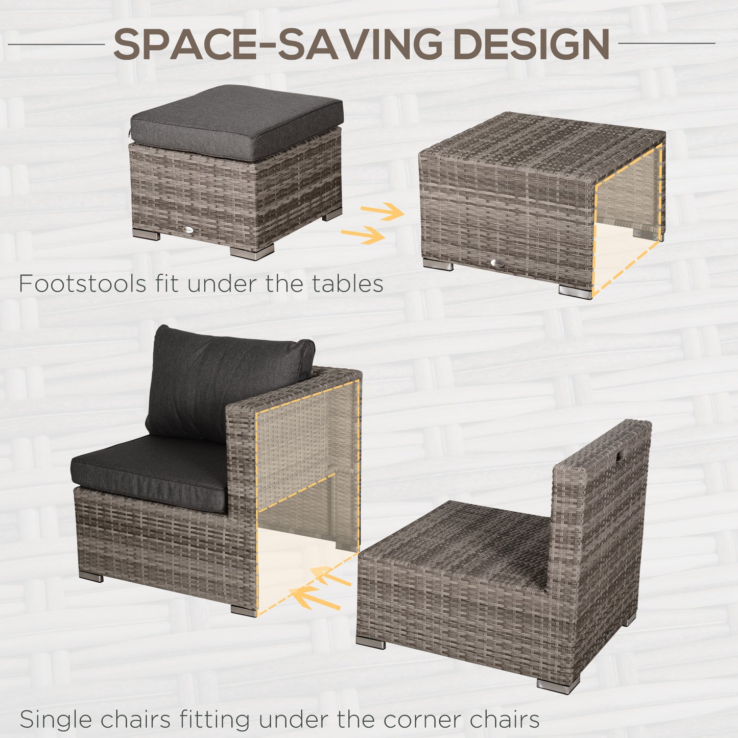 Outsunny 8 Pieces Rattan Garden Furniture Set, Garden Corner Sofa Set with 4 Chairs, 2 Footstools, 2 Coffee Tables and Cushions, Space-Saving Design, No Assembly Required, Grey