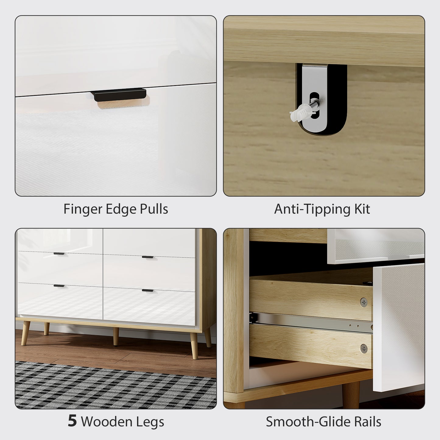 HOMCOM Storage Cabinet, Chest of Drawers with 6  Drawers and 5 Legs for Bedroom,  High Gloss White