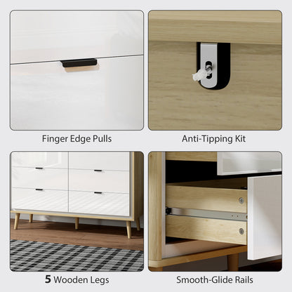 HOMCOM Storage Cabinet, Chest of Drawers with 6  Drawers and 5 Legs for Bedroom,  High Gloss White