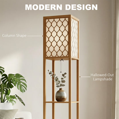 HOMCOM Floor Lamp with Shelves, Modern Tall Standing Lamp with Fabric Lampshades, Zipper Switch, Natural Wood Finish
