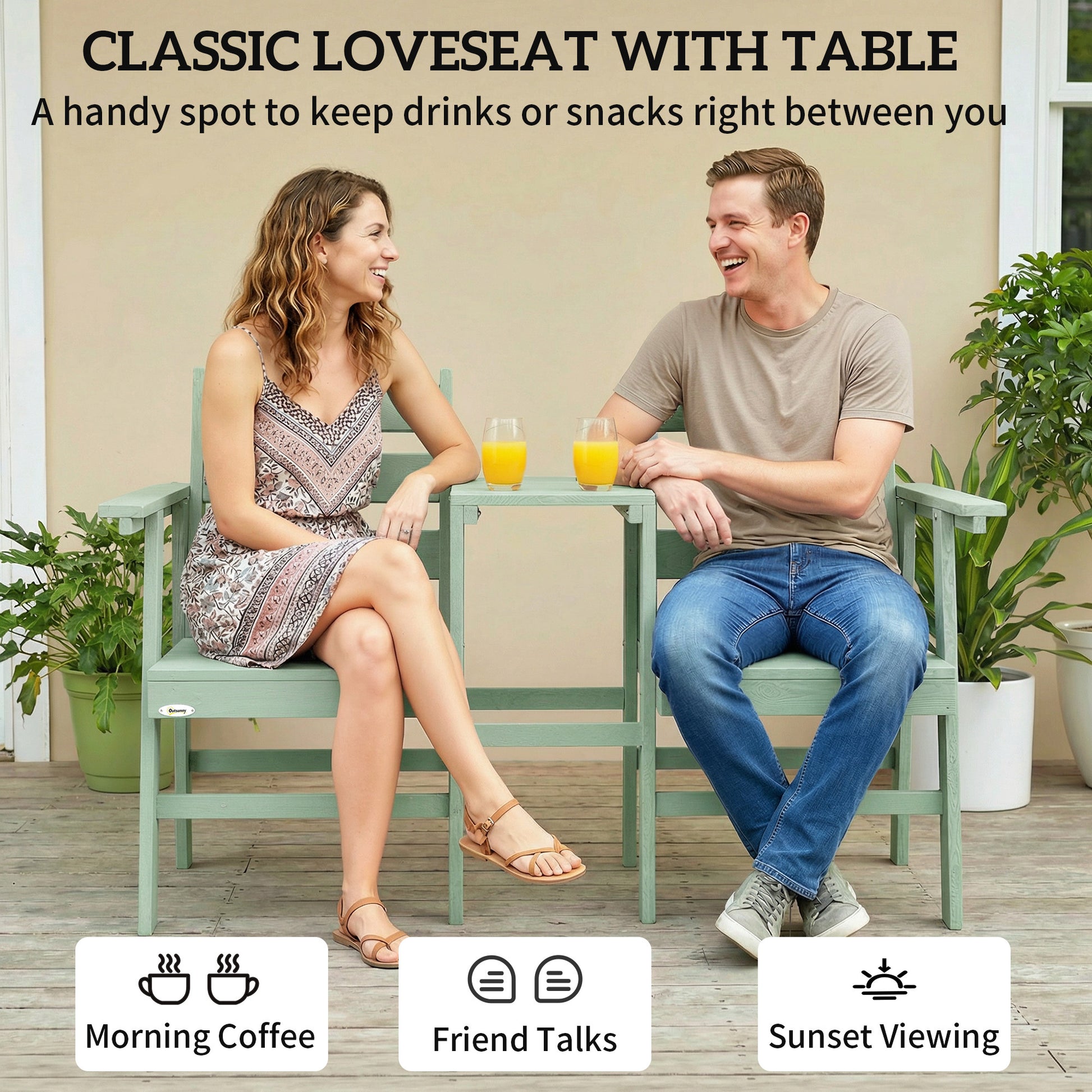 Outsunny Outdoor Garden Loveseat, Embossed Wooden Jack and Jill Garden Seat with Integrated Table, Green--ChewyGames-ChewyGames