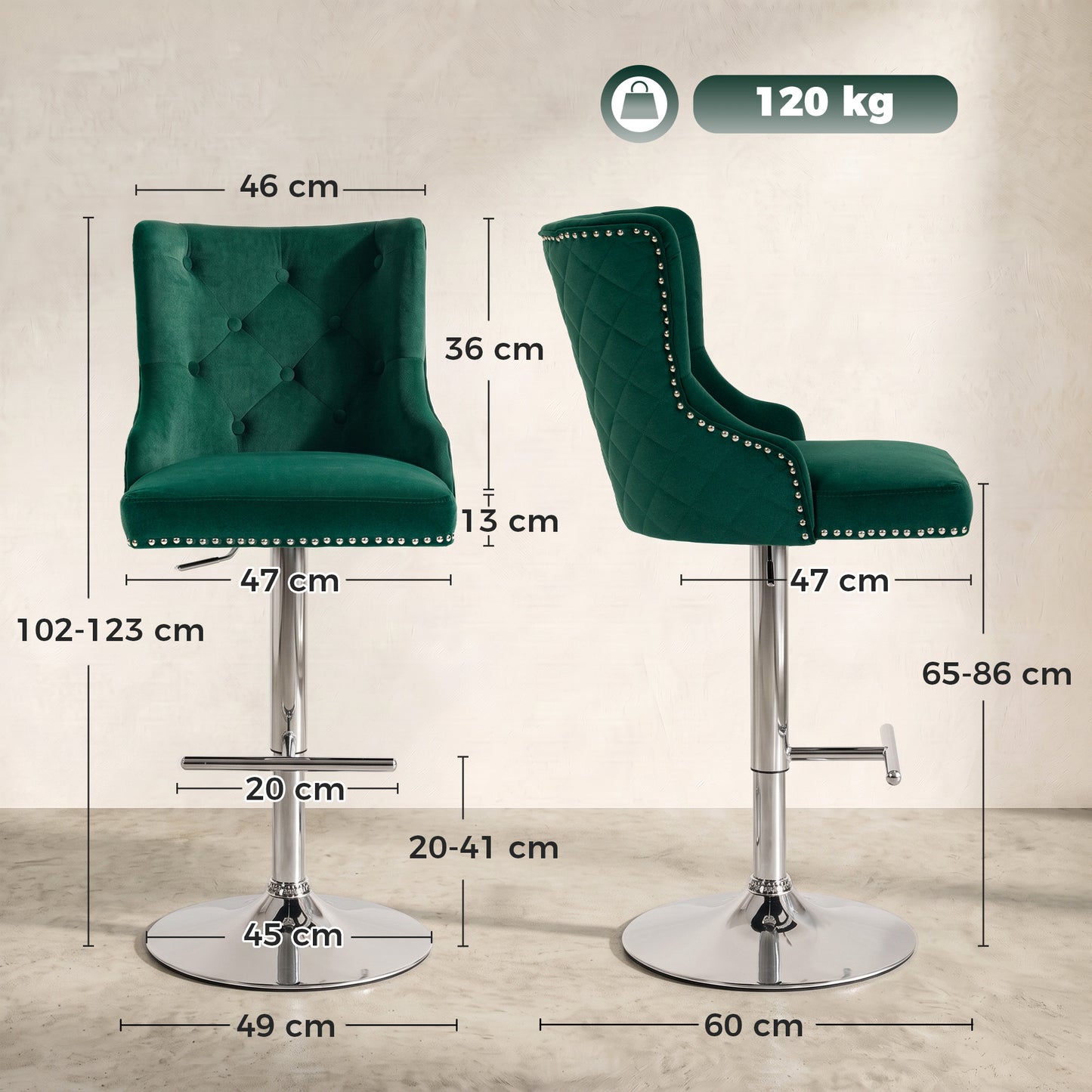 HOMCOM Bar Stools Set of 2, Modern Swivel & Adjustable Velvet Barstools with Button-Tufted Back, Footrest for Home Bar, Green