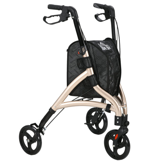 HOMCOM 3 Wheel Rollator, Lightweight Aluminium Tri Walker with Adjustable Handle, Storage Bag and Dual Brakes, 5.3kg, Gold Tone