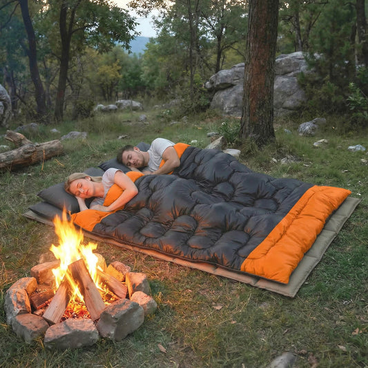Outsunny Double Sleeping Bag with 2 Pillows, 220 x 160 cm Extra-Large Sleeping Bag for Adults, Grey and Orange