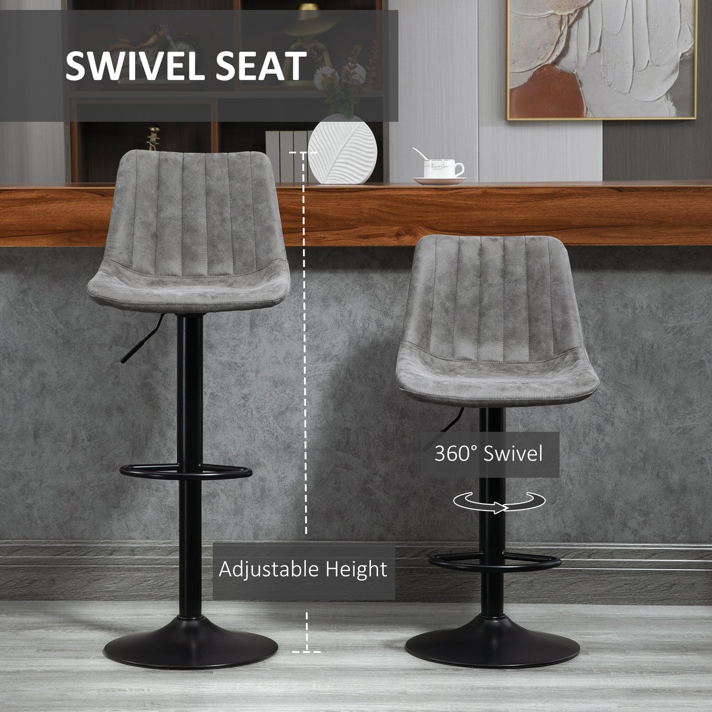 HOMCOM Breakfast Bar Stools Set of 2, 59-80cm Sitting Hight Leather Upholstered Bar Chairs - Grey