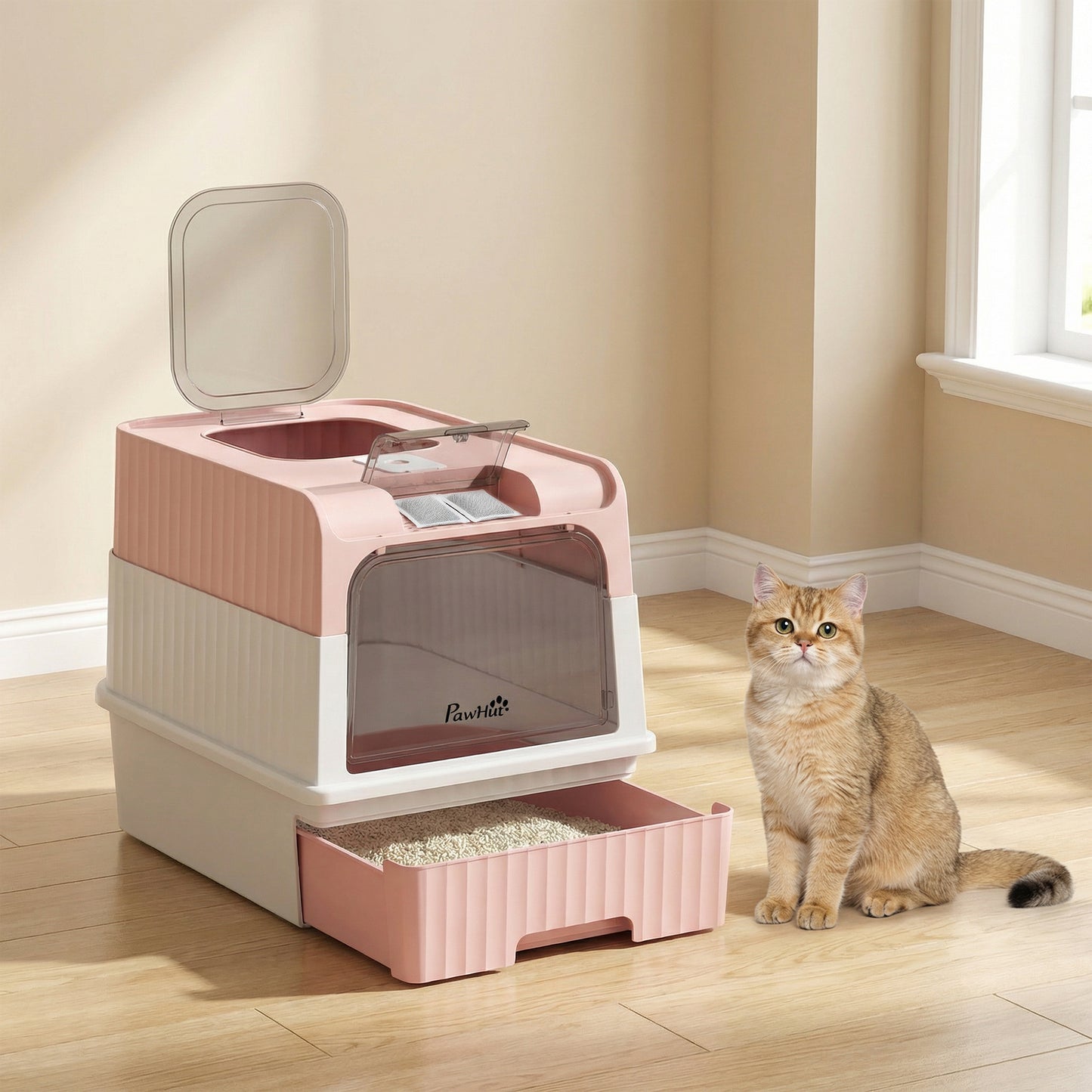 PawHut Enclosed Cat Litter Box with Lid, Pull-Out Drawer Tray, Scoop, 4 Deodorisation Bags, Front Entry & Top Exit, Pink