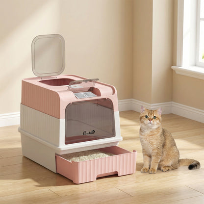 PawHut Enclosed Cat Litter Box with Lid, Pull-Out Drawer Tray, Scoop, 4 Deodorisation Bags, Front Entry & Top Exit, Pink