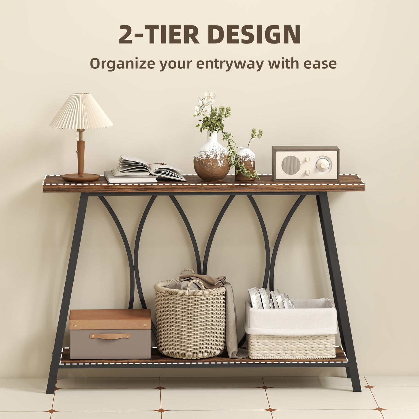 HOMCOM Narrow Console Table, Industrial 2-Tier Sofa Table with Metal Frame for Entryway, Living Room, 120x30x80cm, Rustic Brown