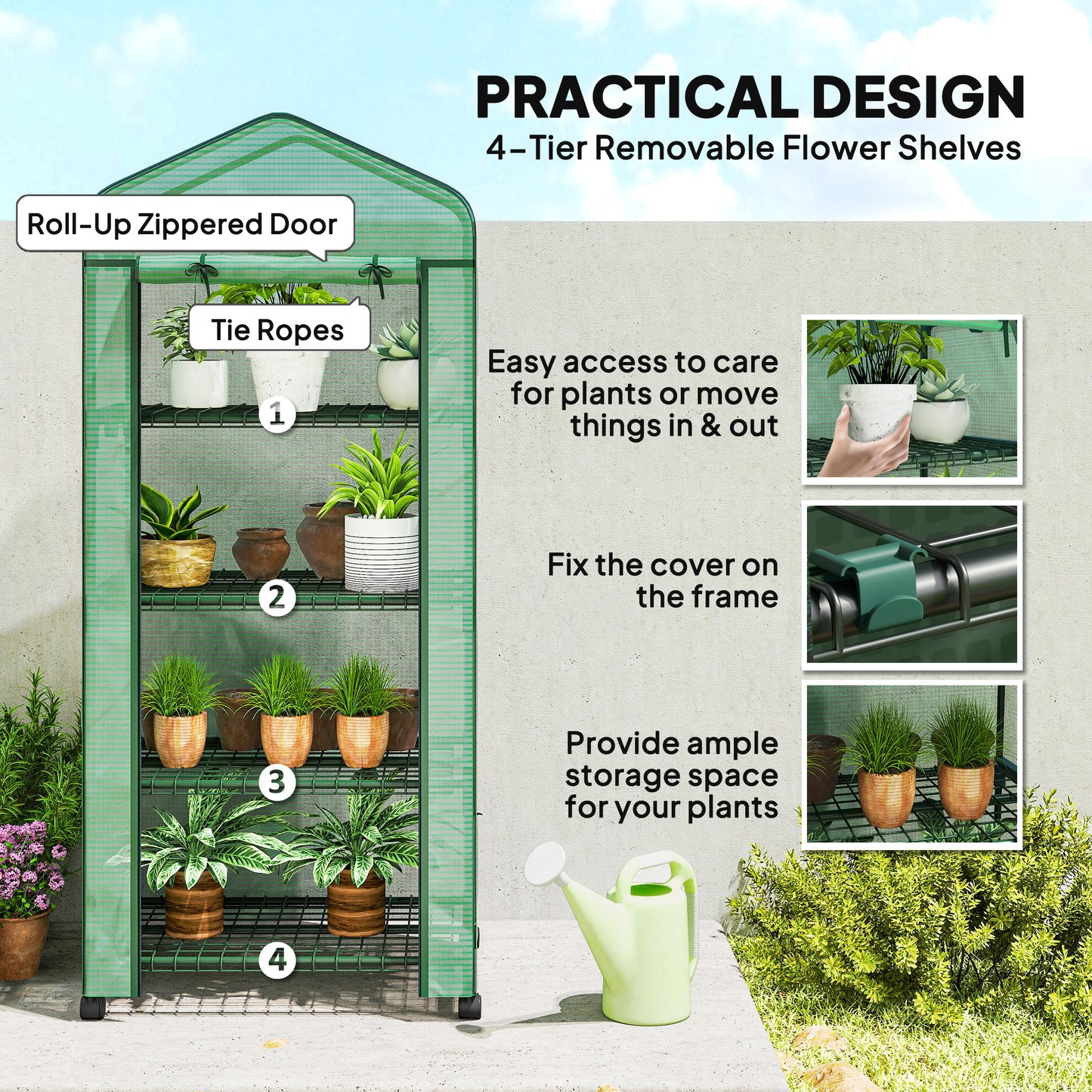 Outsunny 4 Tier Mini Portable Greenhouse Compact Plant Grow Shed Metal Frame PE Cover with Lockable Rolling Wheels , Green